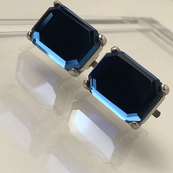 VTG EMERALD CUT BLUE MIRROR GLASS EARRINGS - Picture 2 of 13